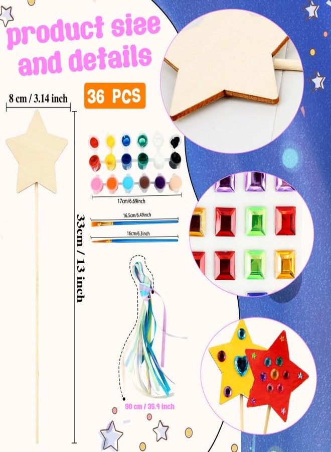 Feradny 92 Pcs Unfinished Star Princess Fairy Wands Kit Make Your Own Princess Wand DIY Art Craft Magical Wand Include 36 Star Wooden Fairy Wands 18 Gem Stickers 36 Ribbons 2 Markers for Kids Party Supplies - Image 2